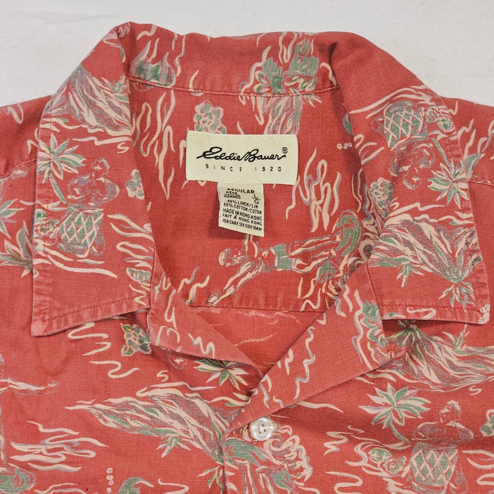 Vintage Eddie Bauer Men Hawaiian Shirt Large Red Linen Short Sleeve Surfer Dad